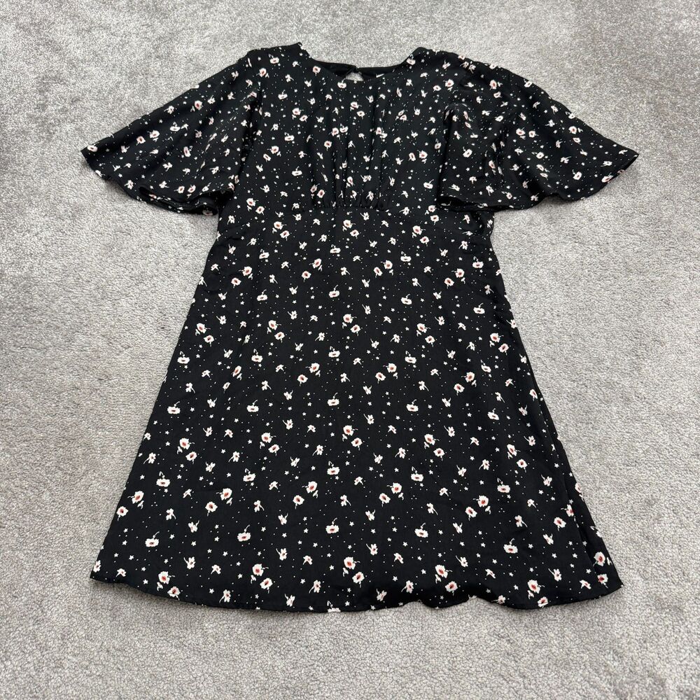 Topshop Flutter Sleeves Floral Mini Shift Dress Womens 8 Black Cut Out Back Boho